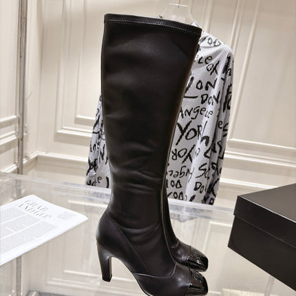 CHANEL 26S HIGH HEEL KNEE HIGH BOOTS 80 MM IN BLACK CALFSKIN AND PATENT LEATHER