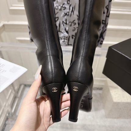 CHANEL 26S HIGH HEEL KNEE HIGH BOOTS 80 MM IN BLACK CALFSKIN AND PATENT LEATHER