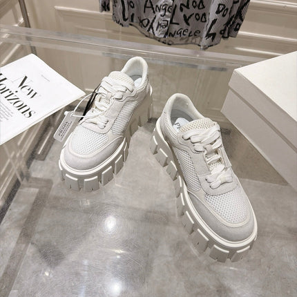 PRADA 26S GEAR SOLE SNEAKERS IN WHITE SUEDE AND MESH
