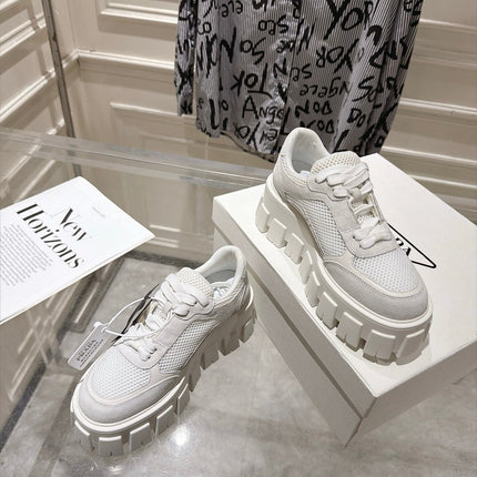 PRADA 26S GEAR SOLE SNEAKERS IN WHITE SUEDE AND MESH