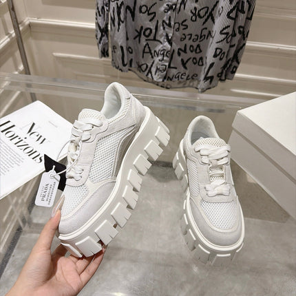 PRADA 26S GEAR SOLE SNEAKERS IN WHITE SUEDE AND MESH