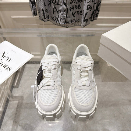 PRADA 26S GEAR SOLE SNEAKERS IN WHITE SUEDE AND MESH