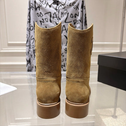 CHANEL 26S MID CALF BOOTS 30 MM IN BEIGE SUEDE
