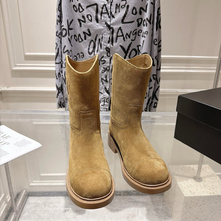 CHANEL 26S MID CALF BOOTS 30 MM IN BEIGE SUEDE