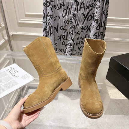 CHANEL 26S MID CALF BOOTS 30 MM IN BEIGE SUEDE