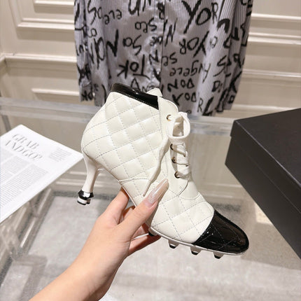 CHANEL 26S HIGH HEEL KNEE HIGH BOOTS 70 MM IN WHITE LAMBSKIN AND BLACK PATENT CALFSKIN
