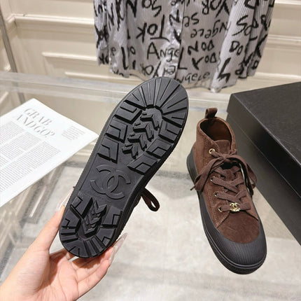 CHANEL 26S LACE UP HIGH TOP SNEAKERS IN BROWN SUEDE
