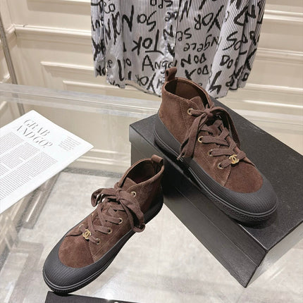 CHANEL 26S LACE UP HIGH TOP SNEAKERS IN BROWN SUEDE