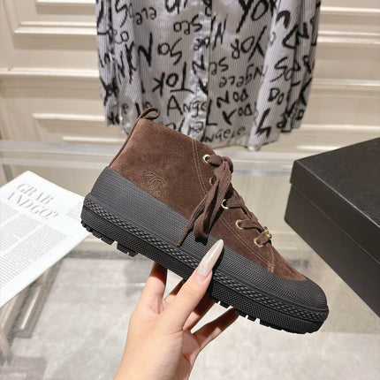 CHANEL 26S LACE UP HIGH TOP SNEAKERS IN BROWN SUEDE