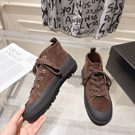 CHANEL 26S LACE UP HIGH TOP SNEAKERS IN BROWN SUEDE