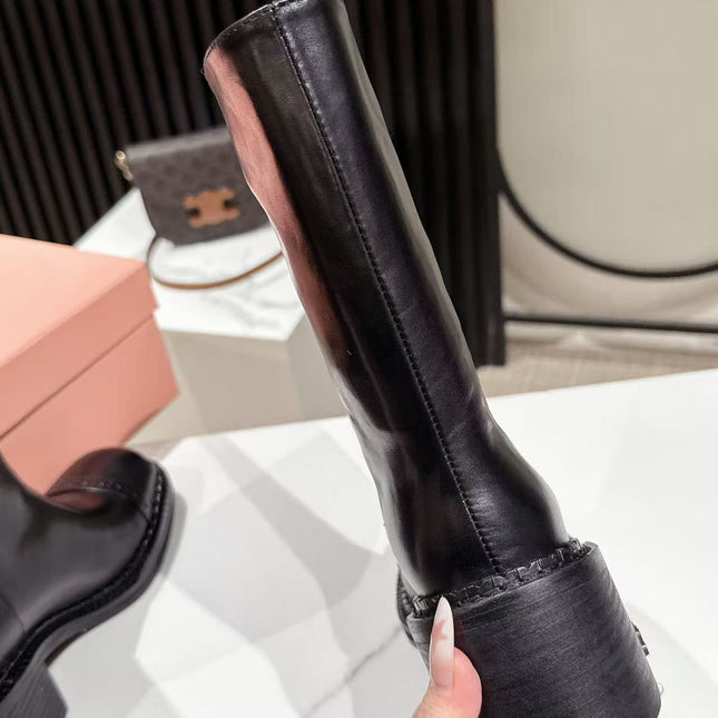 MIUMIU 26S PLATFORM HIGH-HEEL BOOTS 50MM IN BLACK GLOSSY CALFSKIN