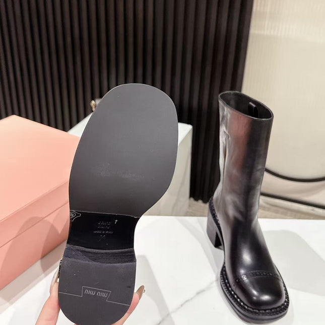 MIUMIU 26S PLATFORM HIGH-HEEL BOOTS 50MM IN BLACK GLOSSY CALFSKIN