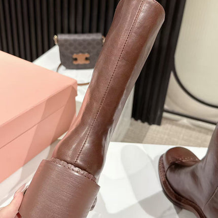 MIUMIU 26S PLATFORM HIGH-HEEL BOOTS 50MM IN BROWN GLOSSY CALFSKIN
