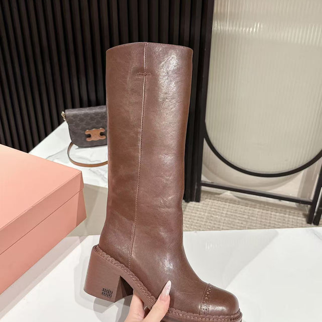 MIUMIU 26S HIGH-ANKLE BOOTS 50MM IN BROWN GLOSSY CALFSKIN
