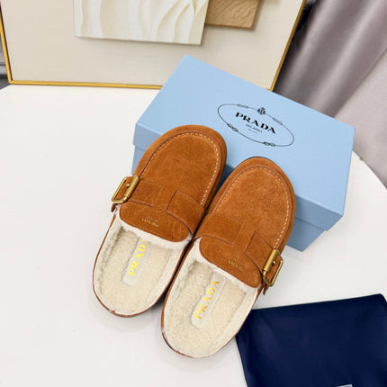PRADA 26S SHEARLING-LINED MULES IN COGNAC BROWN SUEDE