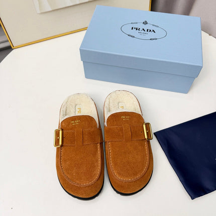 PRADA 26S SHEARLING-LINED MULES IN COGNAC BROWN SUEDE
