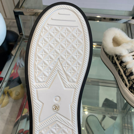 ALK'N PLATFORM SNEAKER CAMEL BROWN COTTON EMBROIDERED WITH OBLIQUE MOTIF AND WHITE SHEARLING