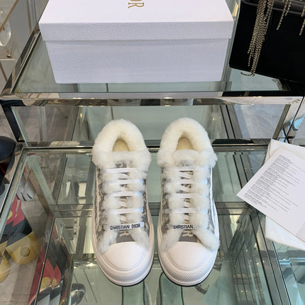ALK'N PLATFORM SNEAKER PALE GRAY COTTON EMBROIDERED WITH OBLIQUE MOTIF AND WHITE SHEARLING