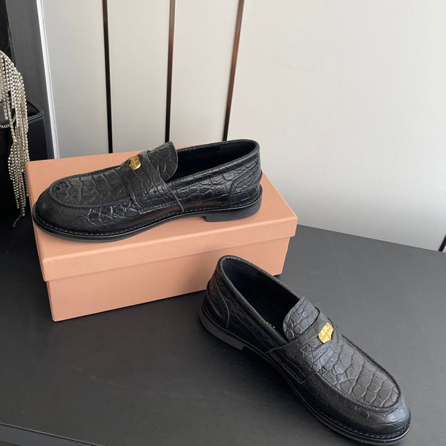 MIUMIU 26S PENNY LOAFERS IN BLACK CALFSKIN CROCODILE EMBOSSING