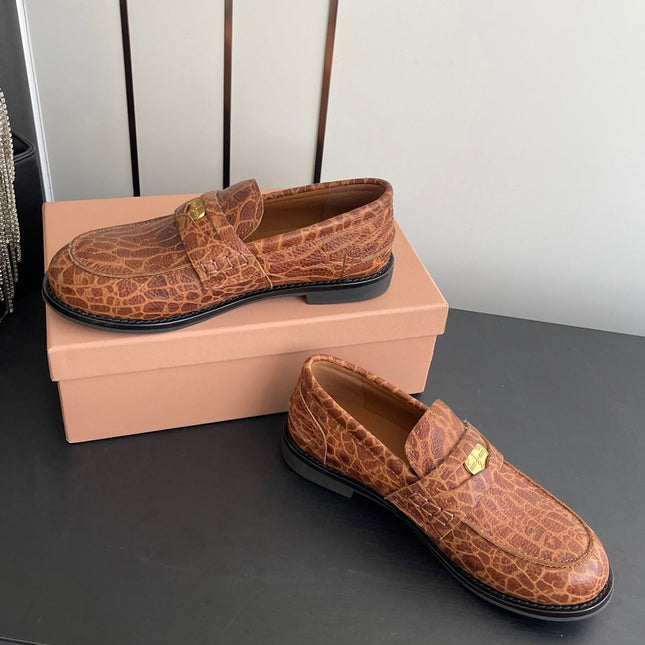 MIUMIU 26S PENNY LOAFERS IN BROWN COGNAC CALFSKIN CROCODILE EMBOSSING