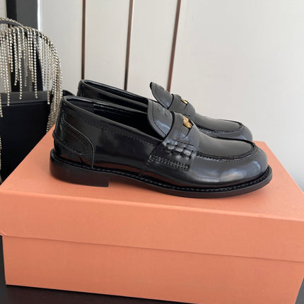 MIUMIU 26S PENNY LOAFERS IN BLACK GLOSSY CALFSKIN GOLD HARDWARE