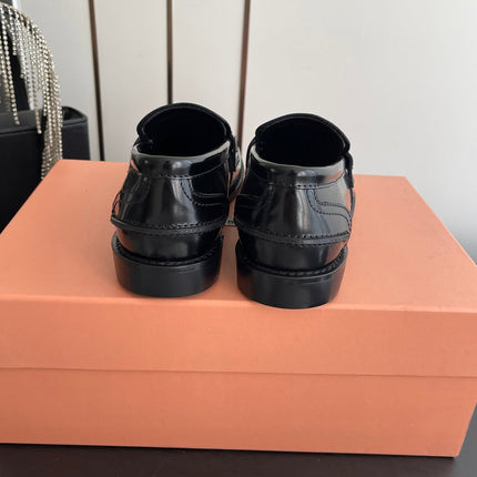 MIUMIU 26S PENNY LOAFERS IN BLACK GLOSSY CALFSKIN GOLD HARDWARE