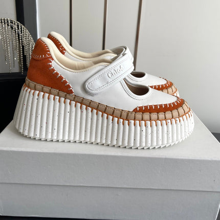 CHLOE 26S MARY JANE SNEAKERS IN WHITE CALFSKIN MIX ORANGE SUEDE
