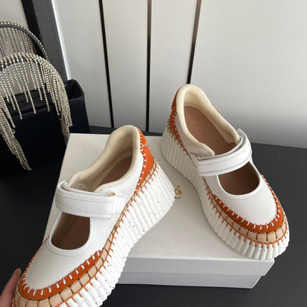 CHLOE 26S MARY JANE SNEAKERS IN WHITE CALFSKIN MIX ORANGE SUEDE