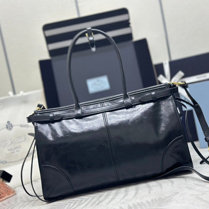 PRADA 25S BONNIE LARGE HANDBAG 38 IN BLACK GLOSSY CALFSKIN GOLD HARDWARE