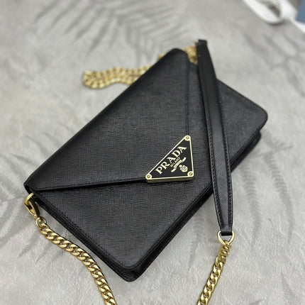 PRADA 25S SAFFIANO SHOULDER BAG 21 IN BLACK CALFSKIN GOLD HARDWARE