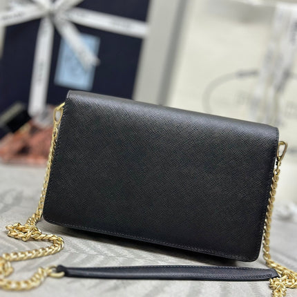 PRADA 25S SAFFIANO SHOULDER BAG 21 IN BLACK CALFSKIN GOLD HARDWARE
