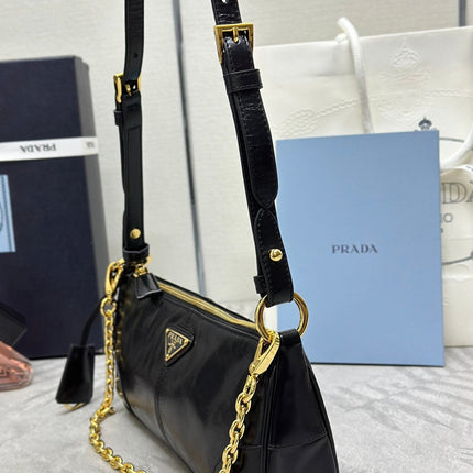 PRADA 26S SHOULDER BAG 11.5 IN BLACK CALFSKIN GOLD HARDWARE