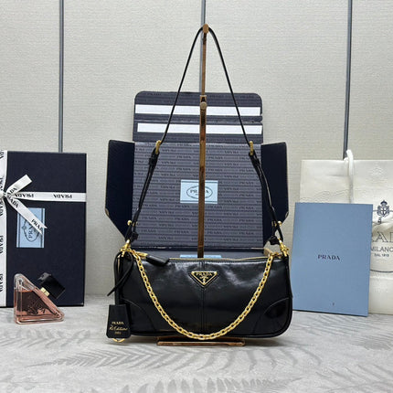 PRADA 26S SHOULDER BAG 11.5 IN BLACK CALFSKIN GOLD HARDWARE