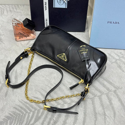 PRADA 26S SHOULDER BAG 11.5 IN BLACK CALFSKIN GOLD HARDWARE