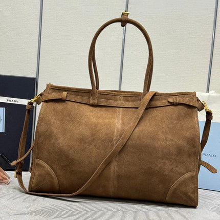 TOTE BAG WITH BELT 42 IN RUSSET BROWN SUEDE GOLD HARDWARE