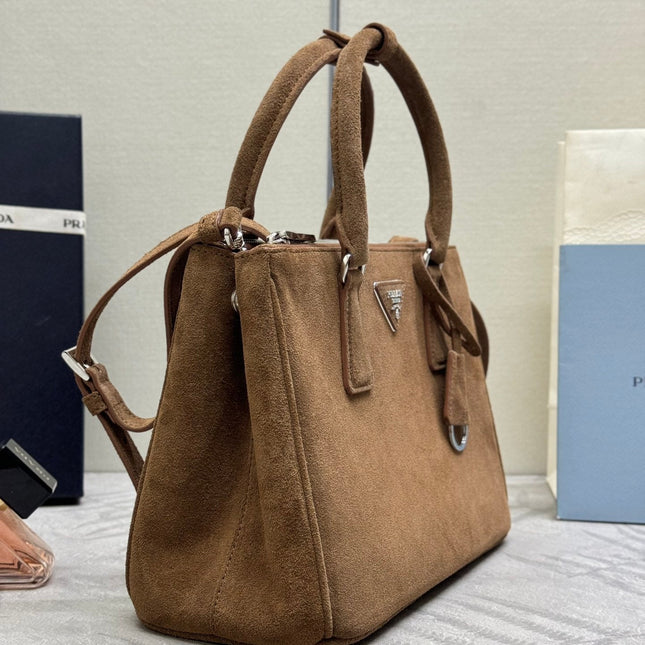 PRADA 26S HANDBAG 28 IN TAUPE SUEDE