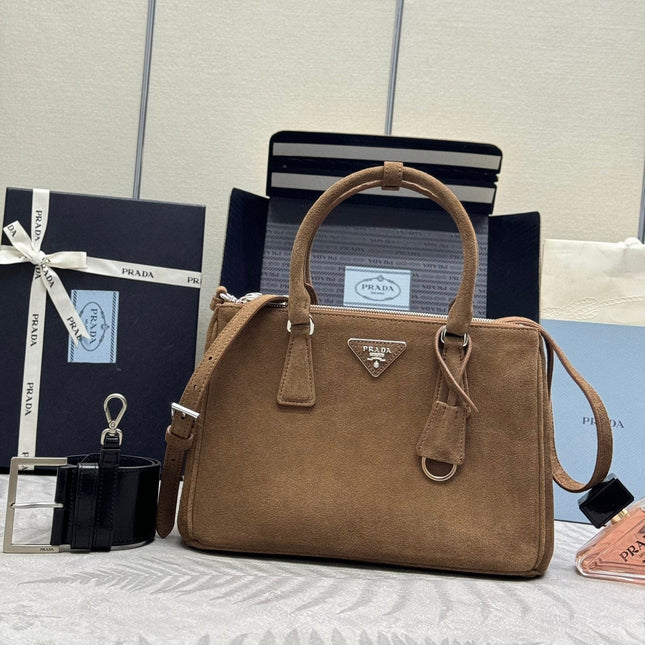PRADA 26S HANDBAG 28 IN TAUPE SUEDE