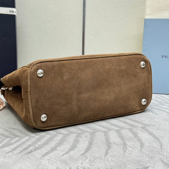 PRADA 26S HANDBAG 28 IN TAUPE SUEDE