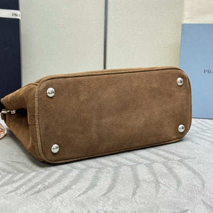 PRADA 26S HANDBAG 28 IN TAUPE SUEDE