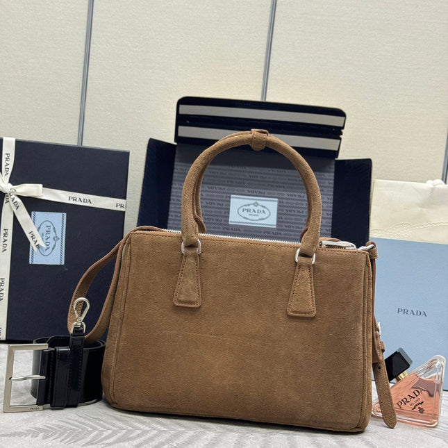 PRADA 26S HANDBAG 28 IN TAUPE SUEDE