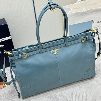 PRADA 25S LUX SOFT BAG 42 IN BLUE GLOSSY CALFSKIN GOLD HARDWARE