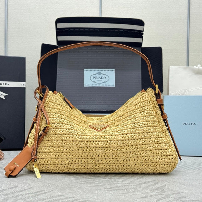 PRADA 26S SHOULDER BAG 34 IN NATURAL RAFFIA