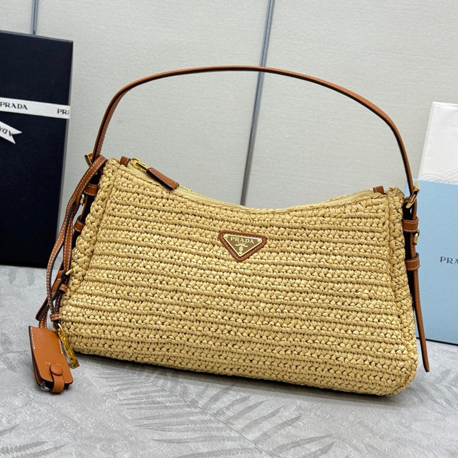PRADA 26S SHOULDER BAG 34 IN NATURAL RAFFIA