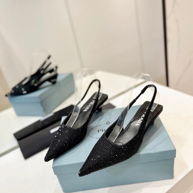 PRA SLINGBACK PUMPS BLACK SATIN WITH BLACK CRYSTALS