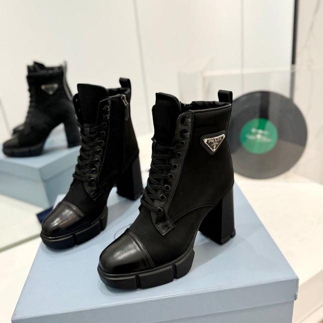 PRA RE-NYLON AND LEATHER BOOTIES BLACK