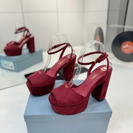 PRADA 26S HEELED SANDALS 115MM IN BURGUNDY RED SUEDE