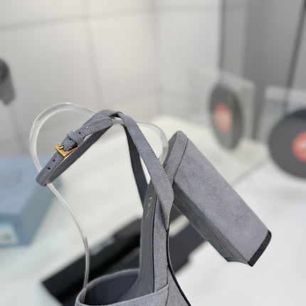 PRADA 26S HEELED SANDALS 115MM IN GRAY SUEDE
