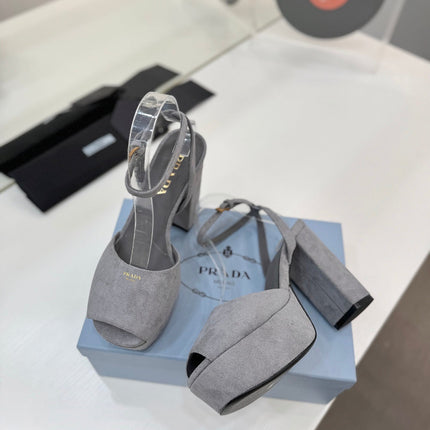 PRADA 26S HEELED SANDALS 115MM IN GRAY SUEDE