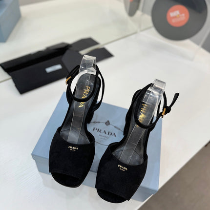 PRADA 26S HEELED SANDALS 115MM IN BLACK SUEDE