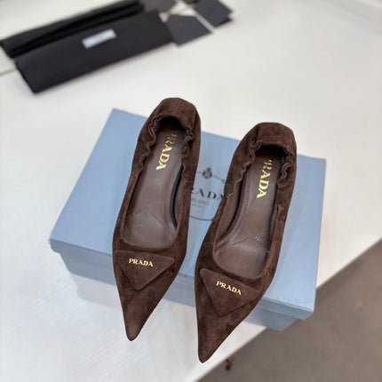 PRADA 26S PUMPS 55MM IN DARK BROWN SUEDE WITH LOGO